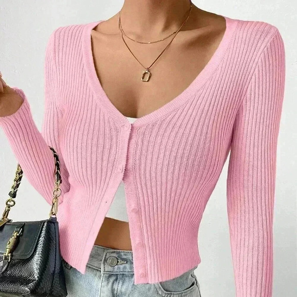 Pink Casual Women's Slim Solid Color Rib Knit Cardigan - Picture 1 of 7